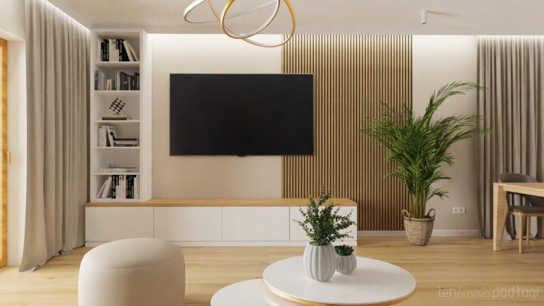 Nowoczesny salon z otwartą kuchnią – część dzienna domu w Kaliszu