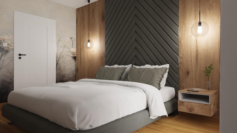 Projekt sypialni, stoliki nocne, tapeta dekoracyjna