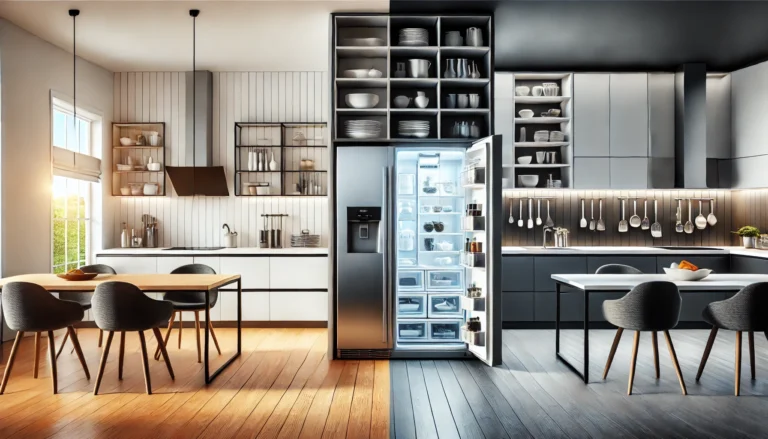 Porównanie dwóch kuchni: przestronna kuchnia z lodówką wolnostojącą i kompaktowa kuchnia z lodówką do zabudowy, podkreślające różnice w rozmiarze kuchni i stylu projektowania