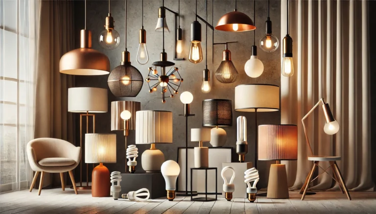 Stylowy zestaw różnych typów lamp i źródeł światła w nowoczesnym wnętrzu, ukazujący lampy wiszące, stołowe, podłogowe oraz różne rodzaje żarówek.