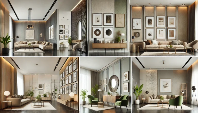 Nowoczesne wnętrze domu z różnymi pomysłami na aranżację ścian, w tym galerią obrazów, teksturą 3D, zieloną ścianą, lustrem i dekoracyjną tapetą