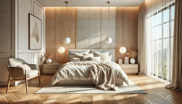 Stylowa sypialnia w stylu skandynawskim z dużym, wygodnym łóżkiem, naturalnym oświetleniem i drewnianymi meblami, tworząca spokojną atmosferę idealną do relaksu