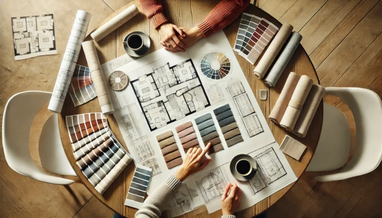 Widok z góry na drewniany stół, na którym znajdują się plany budynku, próbki materiałów i dwie filiżanki kawy. Widoczne są ręce dwóch osób – jedna z nich pokazuje na wybrany wzór materiału, sugerując wybór podczas projektowania wnętrz. Scena oddaje moment decyzji i współpracy.