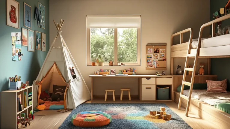 Pokój dziecięcy podzielony na strefy: zabawy z namiotem tipi, nauki z biurkiem i regałami oraz relaksu z wygodnym kącikiem do czytania. Przestrzeń jest jasna, kolorowa i dobrze zorganizowana, z naturalnym światłem.