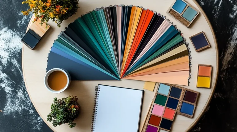 Widok z góry na okrągły stół projektanta z próbnikiem farb w żywych kolorach, filiżanką kawy, notatnikiem, ołówkami i małą rośliną.