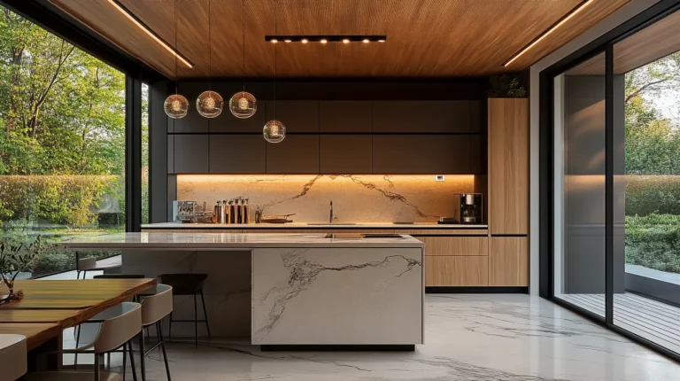 Nowoczesne wnętrze z otwartą kuchnią połączoną z salonem, z dużymi oknami wpuszczającymi naturalne światło