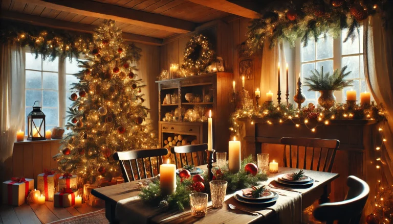 Świąteczne wnętrze z choinką, nakrytym stołem i ciepłym oświetleniem, tworzące przytulny, rodzinny klimat Bożego Narodzenia