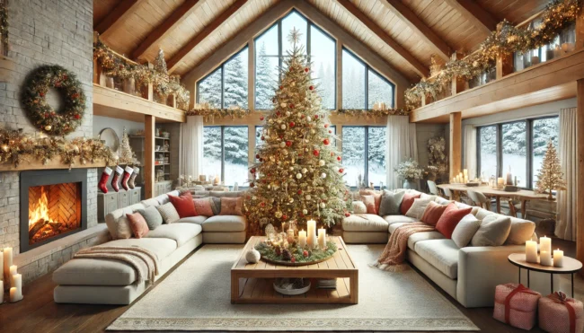 Przestronny salon świąteczny z jedną naturalną choinką w centralnym punkcie. Choinka udekorowana jest bombkami w tradycyjnych kolorach czerwonym i złotym, uzupełnionymi nowoczesnymi ozdobami w bieli i pastelach. Wnętrze charakteryzuje się wysokimi sufitami i dużymi oknami, przez które widać zaśnieżony zimowy krajobraz. Wokół choinki znajduje się wygodna kanapa z poduszkami i kocami w świątecznych kolorach, a na dużym stoliku kawowym ustawiono świece, szyszki i dekoracyjne akcenty. Ciepłe światło lampek i naturalne oświetlenie podkreślają świąteczną atmosferę.
