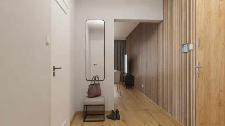 Widok na korytarz otwarty na część salonu, funkcjonalność wnętrza