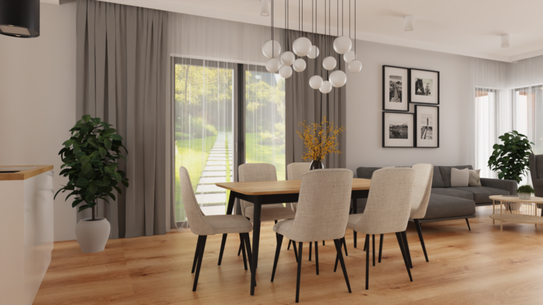 Nowoczesna jadalnia rodzinna z centralnym, drewnianym stołem, otoczona wygodnymi krzesłami, z przestrzennym rozkładem i dużymi oknami.