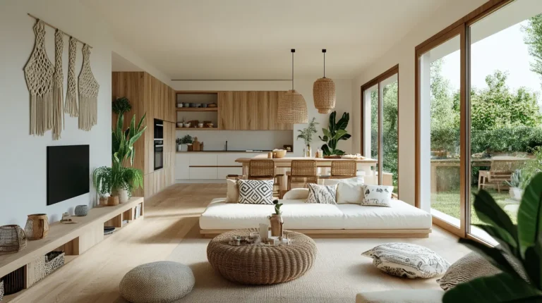 Jasny salon w stylu boho z meblami z jasnego drewna, ręcznie robionymi dekoracjami, zielonymi roślinami i widokiem na otwartą kuchnię w tle