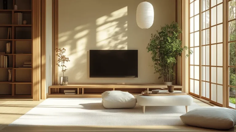 Jasny salon w stylu Japandi z niską szafką RTV, narożnikiem z poduszkami i dużym oknem z widokiem na ogród, oświetlony miękkim porannym światłem.