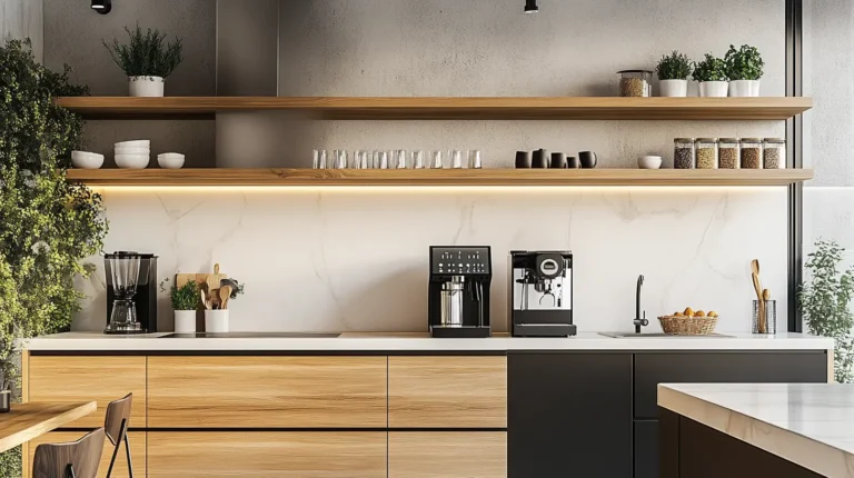 Nowoczesna kuchnia z przestrzenią między szafkami wykończoną szkłem, płytkami i funkcjonalnym oświetleniem LED