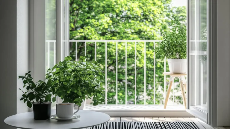 Minimalistyczny, nowoczesny balkon z zielonymi roślinami, czarno-białym dywanem i poranną kawą na stole