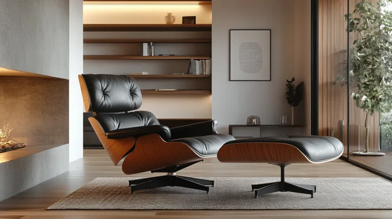 Lounge Chair od Eamesa w luksusowym salonie z drewnianymi skorupami i skórzanym obiciem.