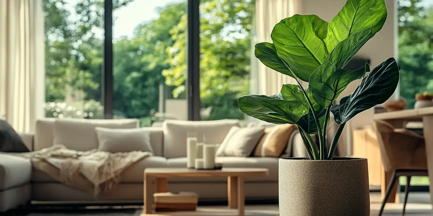 Nowoczesny salon w stylu skandynawskim z dużą rośliną przy oknie