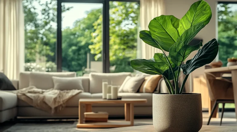 Nowoczesny salon w stylu skandynawskim z dużą rośliną przy oknie