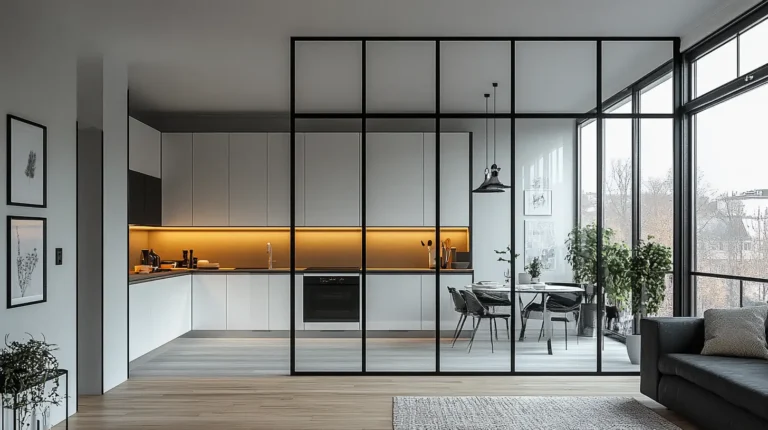 Nowoczesne wnętrze z kuchnią oddzieloną od salonu przeszkloną ścianką w stylu industrialnym. Czarne metalowe ramy i duże przeszklenia podkreślają loftowy charakter przestrzeni.