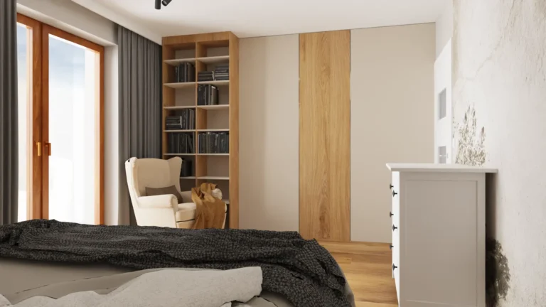 Sypialnia w jasnych kolorach z wydzieloną garderobą – projekt piętra domu jednorodzinnego