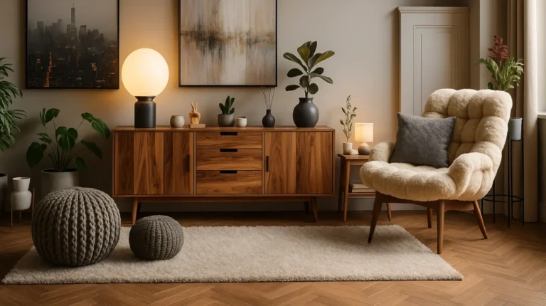 Przytulna strefa relaksu z drewnianą komodą, miękkim fotelem typu boucle, roślinami doniczkowymi, pufami i naturalnym światłem w nowoczesnym wnętrzu